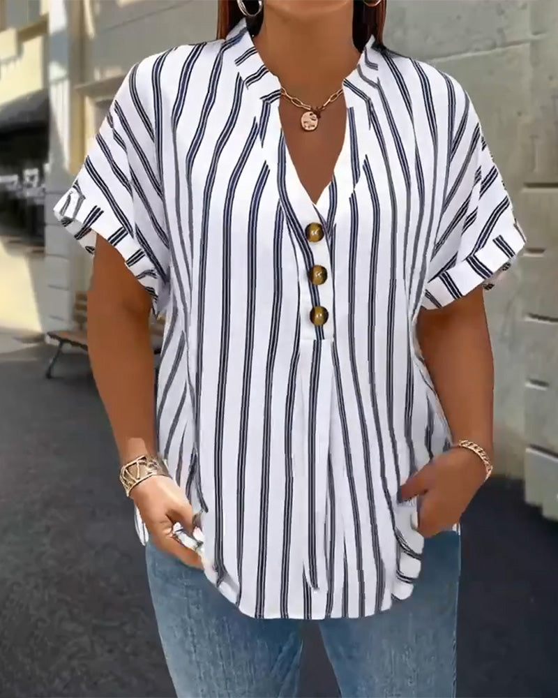 Zanira | Striped V-Neck Button Blouse