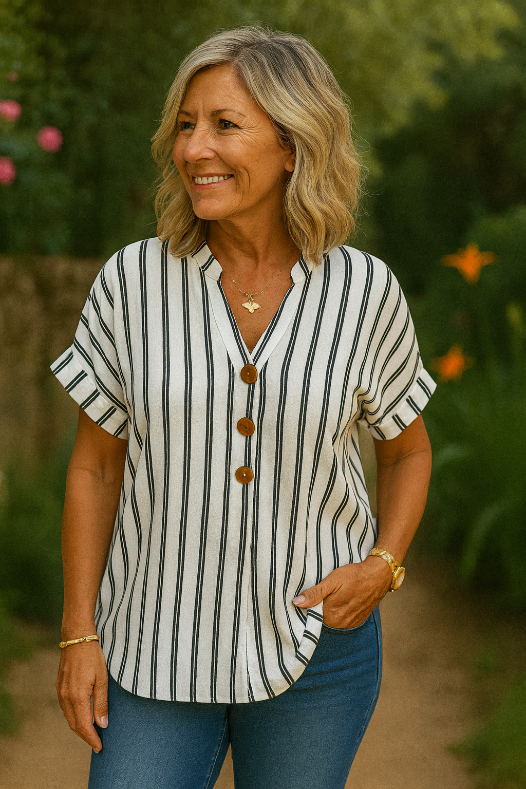 Zanira | Striped V-Neck Button Blouse