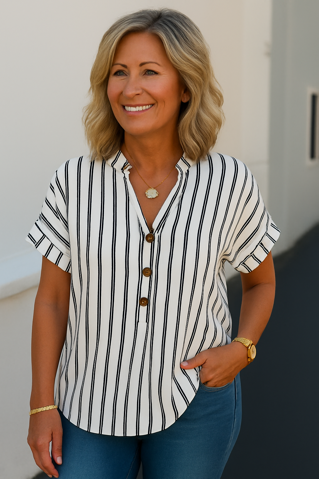 Zanira | Striped V-Neck Button Blouse