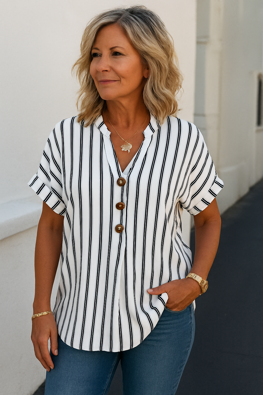 Zanira | Striped V-Neck Button Blouse