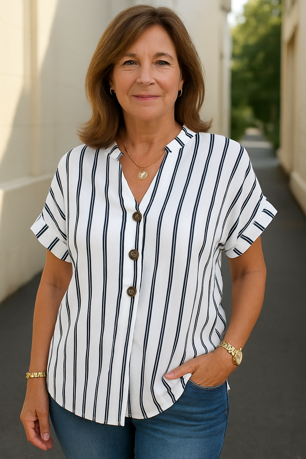 Zanira | Striped V-Neck Button Blouse