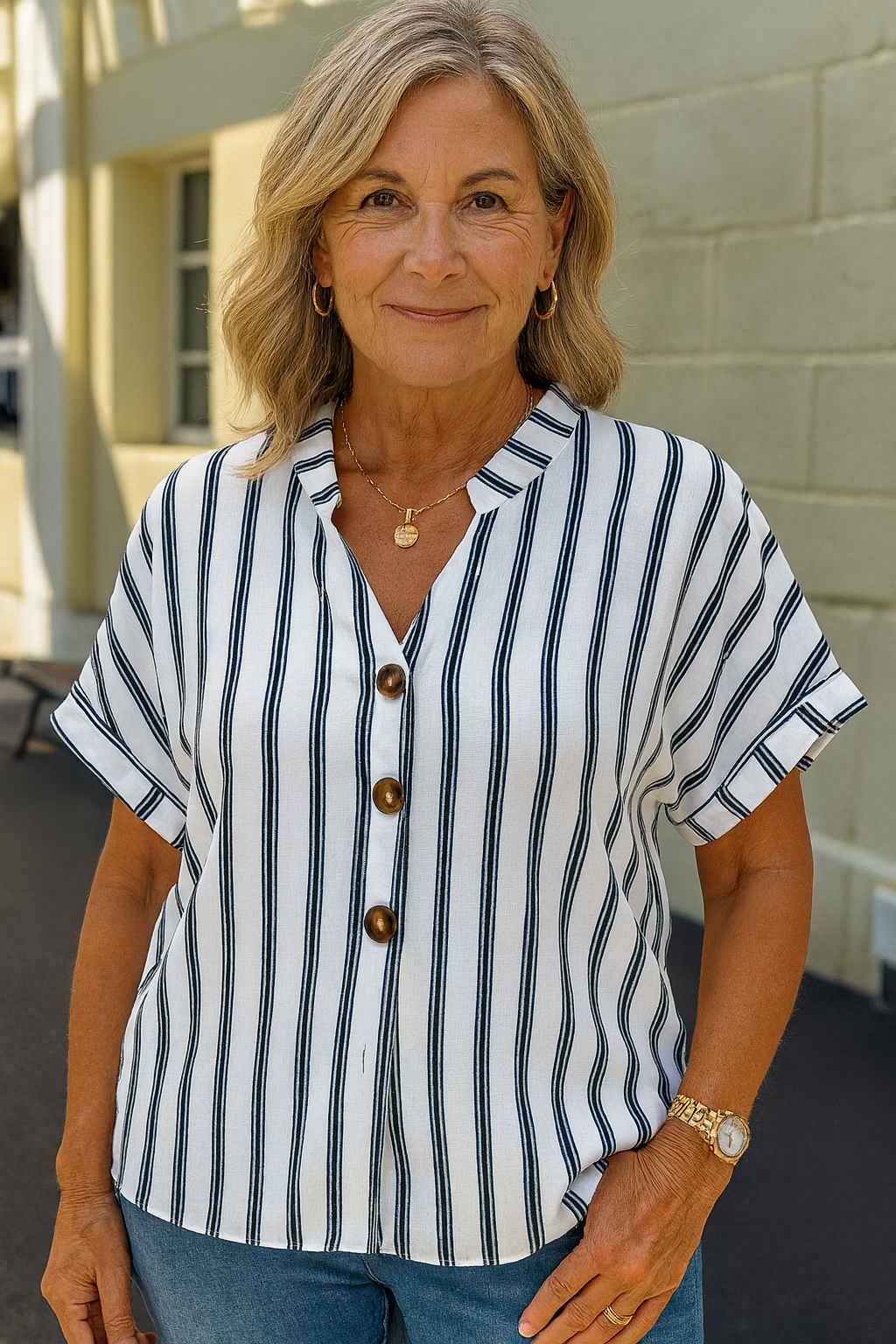 Zanira | Striped V-Neck Button Blouse