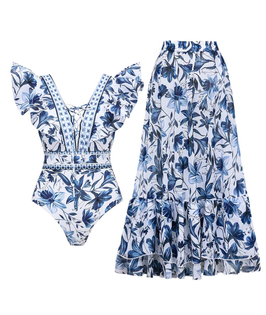 Liora | V-Neck Swimsuit with Matching Skirt