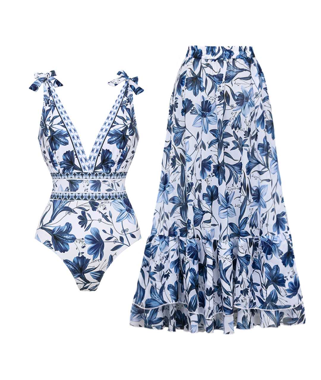 Liora | V-Neck Swimsuit with Matching Skirt
