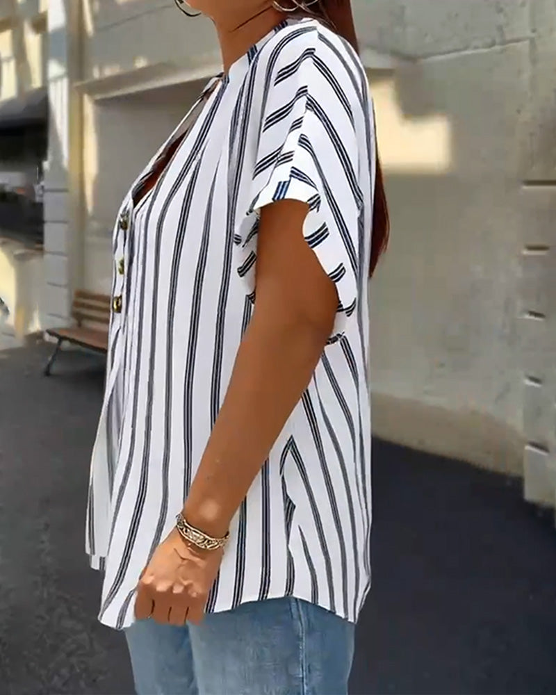 Zanira | Striped V-Neck Button Blouse