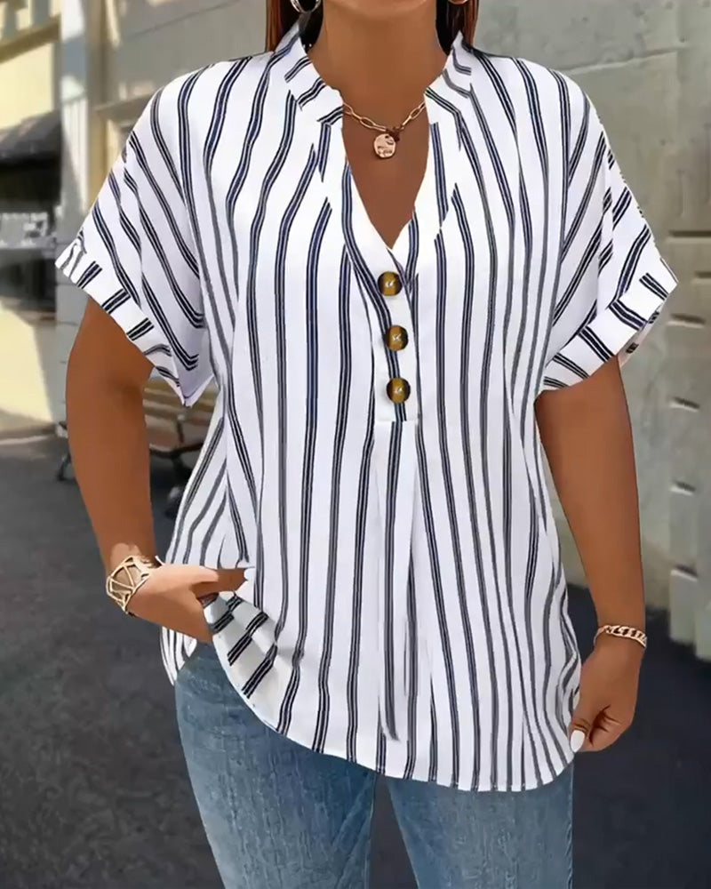 Zanira | Striped V-Neck Button Blouse