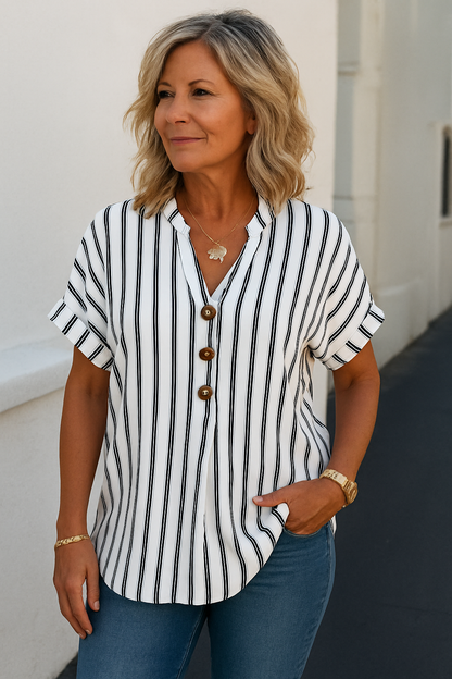 Zanira | Striped V-Neck Button Blouse